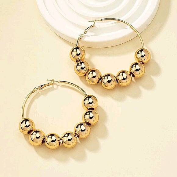 Gold Hoop Ball Statement Earrings - Picture 2 of 5